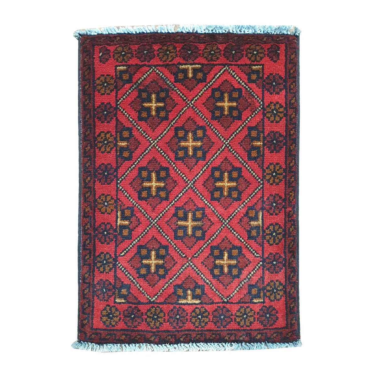 Afghan Khal Mohammadi wool rug 60 x 42 cm full view with red ground, dark border and repeating diamond lattice