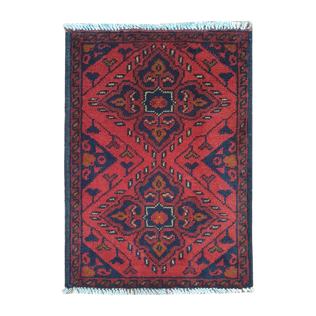Afghan Khal Mohammadi wool rug 60 x 42 cm full view with red ground, dark border and central tribal medallion