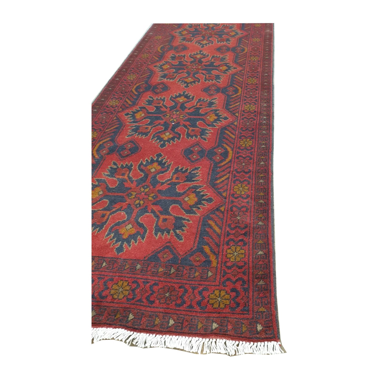 End-border and fringe detail of Afghan Khal Mohammadi wool runner rug showing floral-geometric motif and patterned border, 385 x 80 cm
