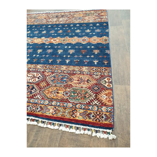 Border and fringe detail of Afghan Khurjeen wool rug with multi-colour motifs