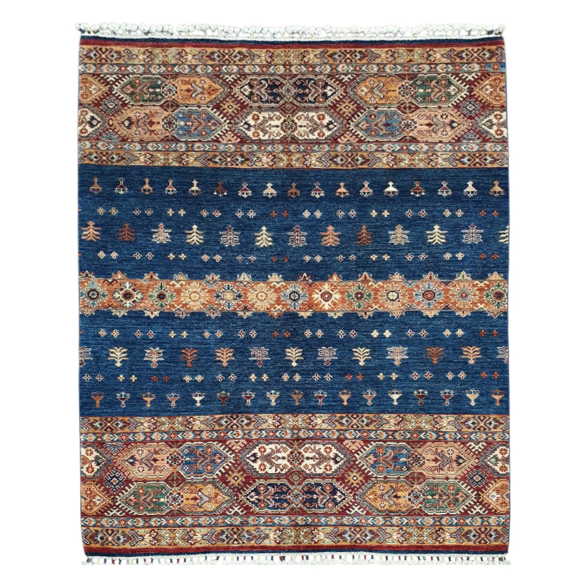 Full view of Afghan Khurjeen hand-knotted wool rug 200 x 158 cm with blue field