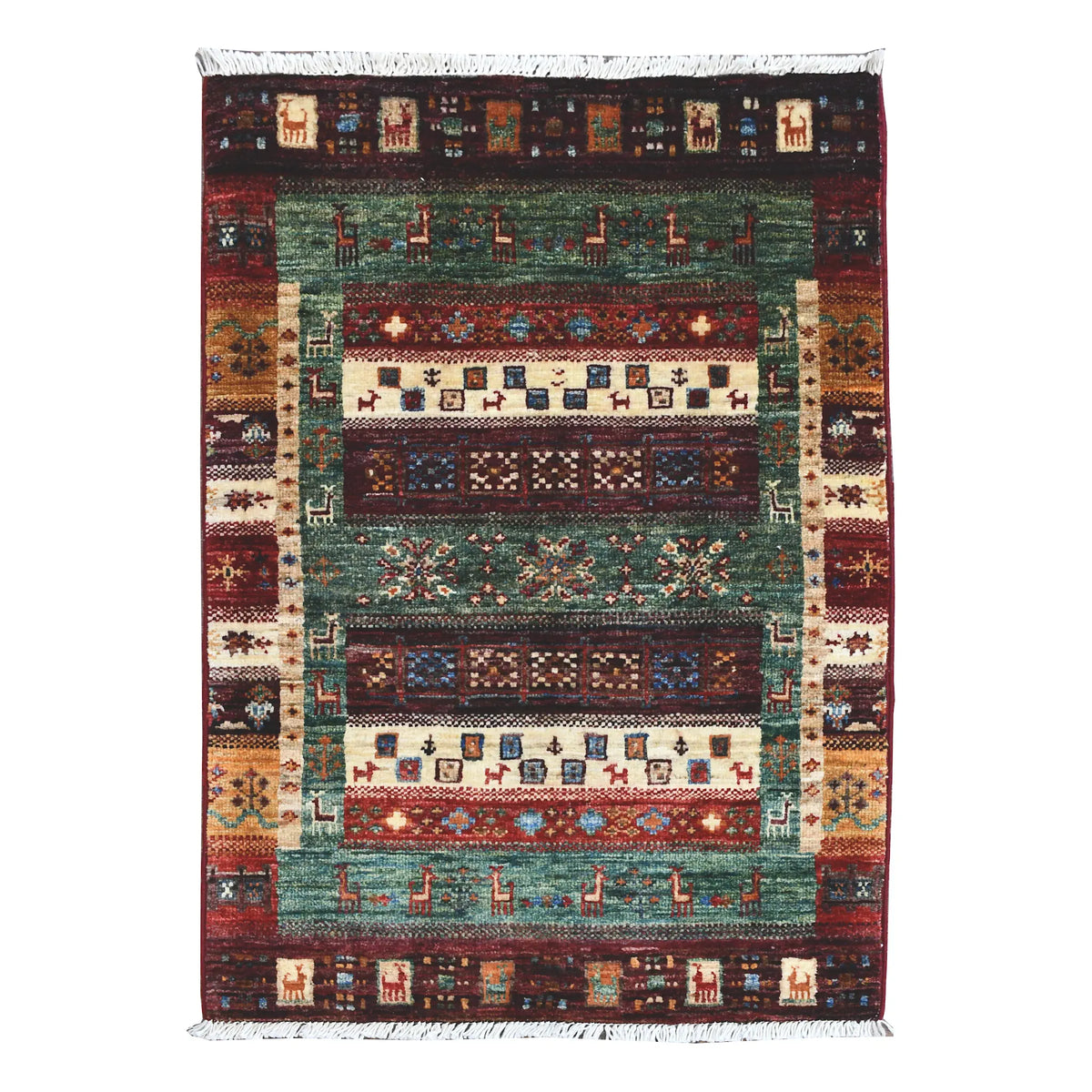Afghan Khurjeen rug 96 x 62 cm full view with teal field, burgundy border and panelled geometric design