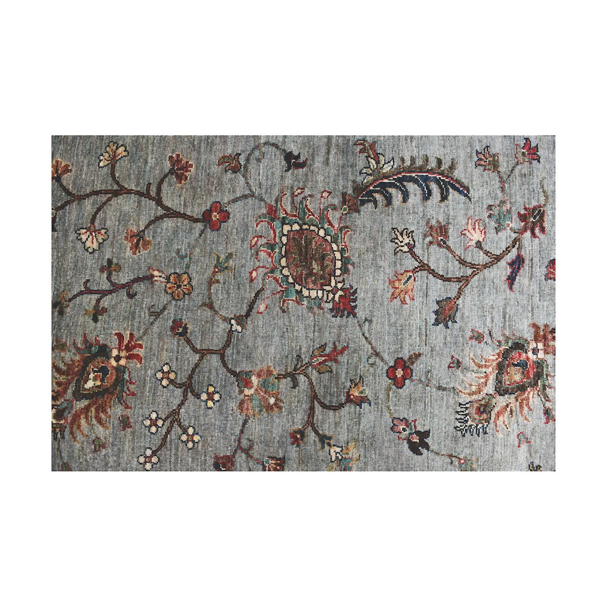 Pattern detail of Afghan Khurjeen runner rug showing grey field, floral vines and decorative motif work