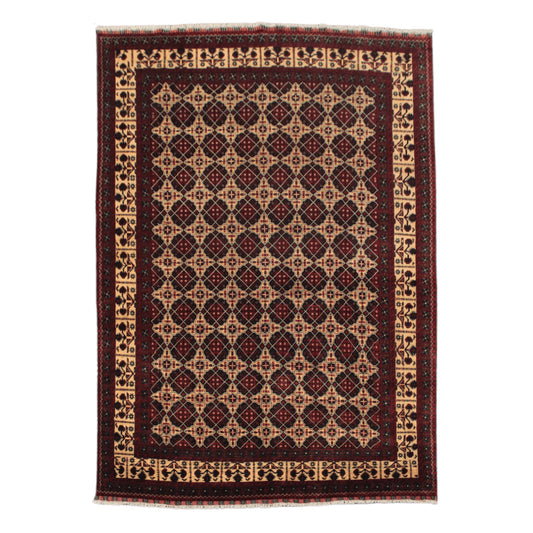 Full view of Afghan Kunduz hand-knotted wool rug with maroon floral guls, warm beige field and layered borders, 286 x 203 cm