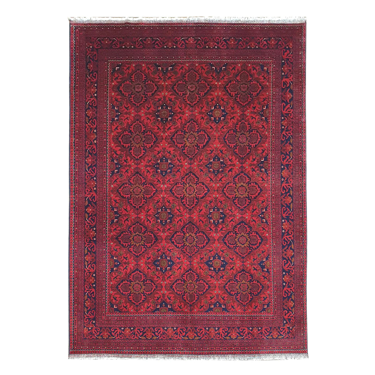 Afghan Kunduz rug 286 x 200 cm full view with deep red floral lattice, dark border and fringe