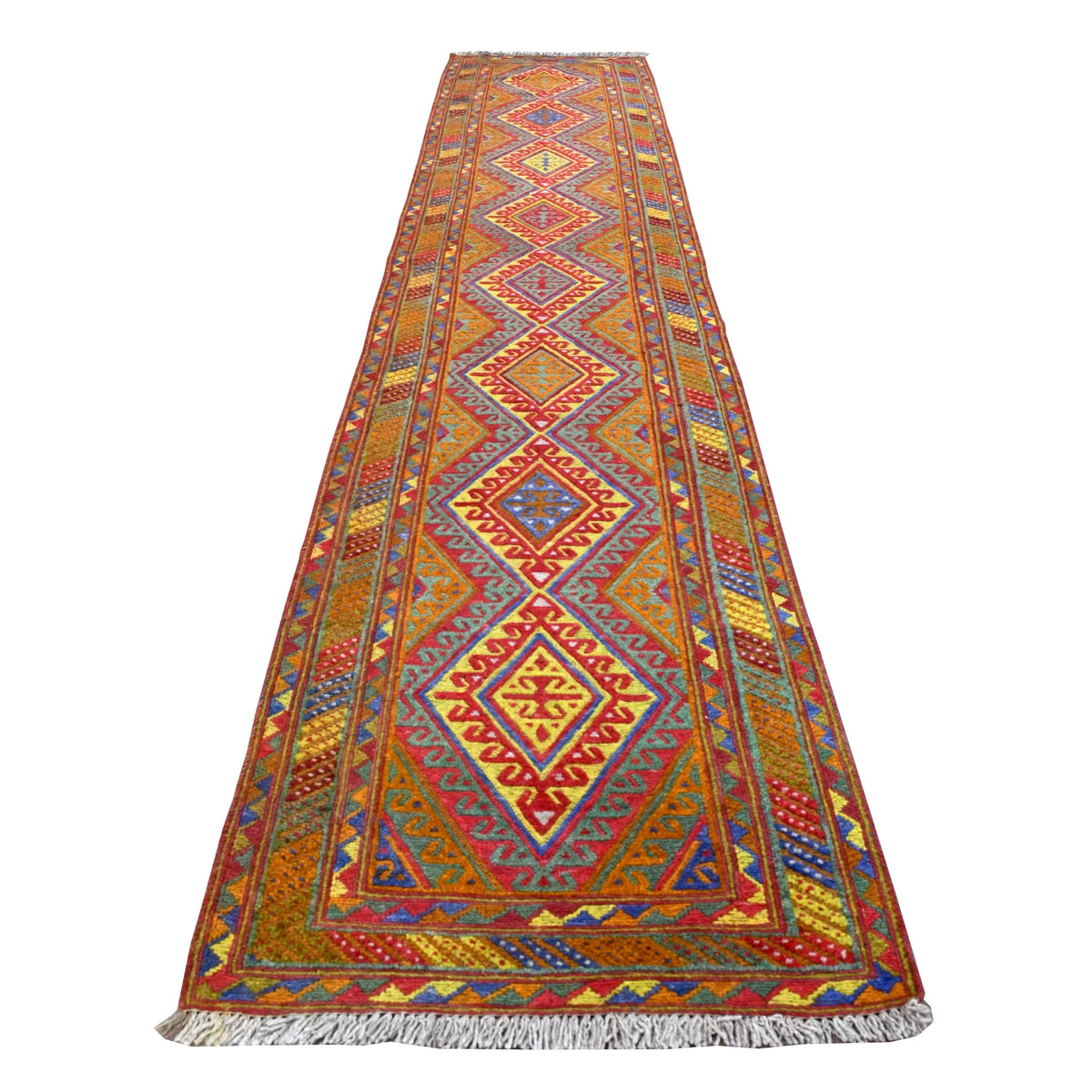 Full view of Afghan Mashwani handwoven wool runner with repeating diamond medallions and vivid multicoloured borders, 362 x 72 cm