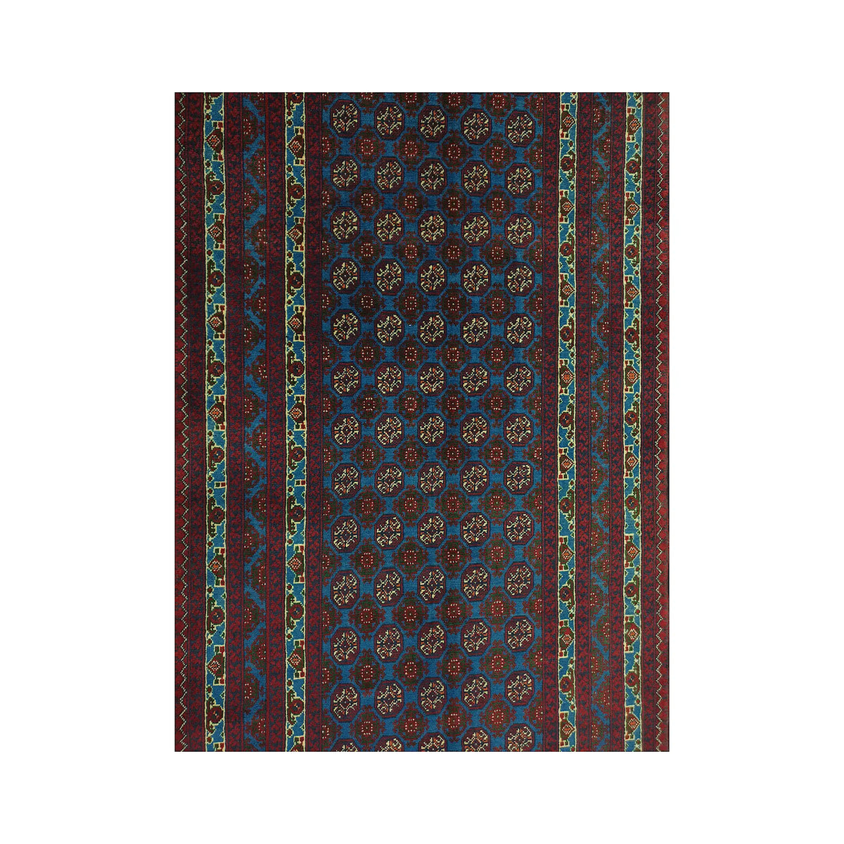 Field and border detail of Afghan Roshnai runner rug with blue ground, layered borders and tribal medallion pattern