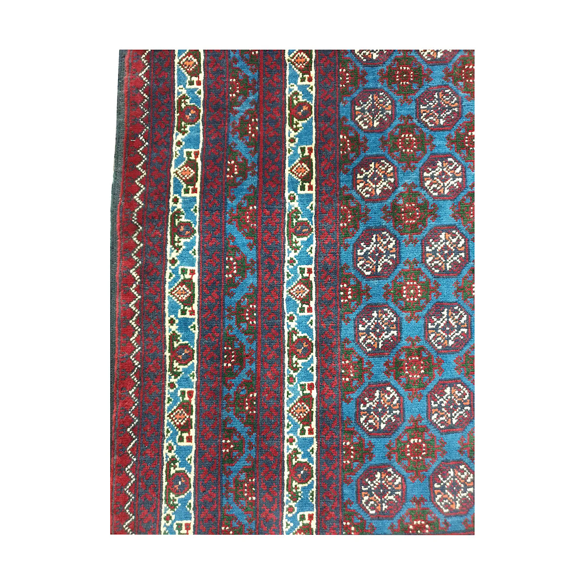 Side border pattern detail of Afghan Roshnai runner rug showing blue field, burgundy border and ivory tribal motifs