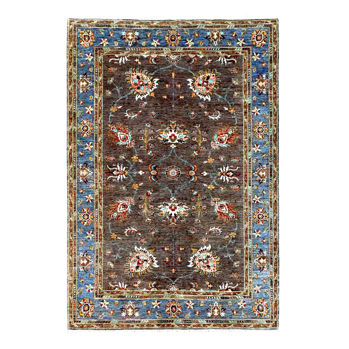 Full view of Afghan Sultani hand-knotted wool rug with a dark brown floral field and broad blue border, 241 x 170 cm