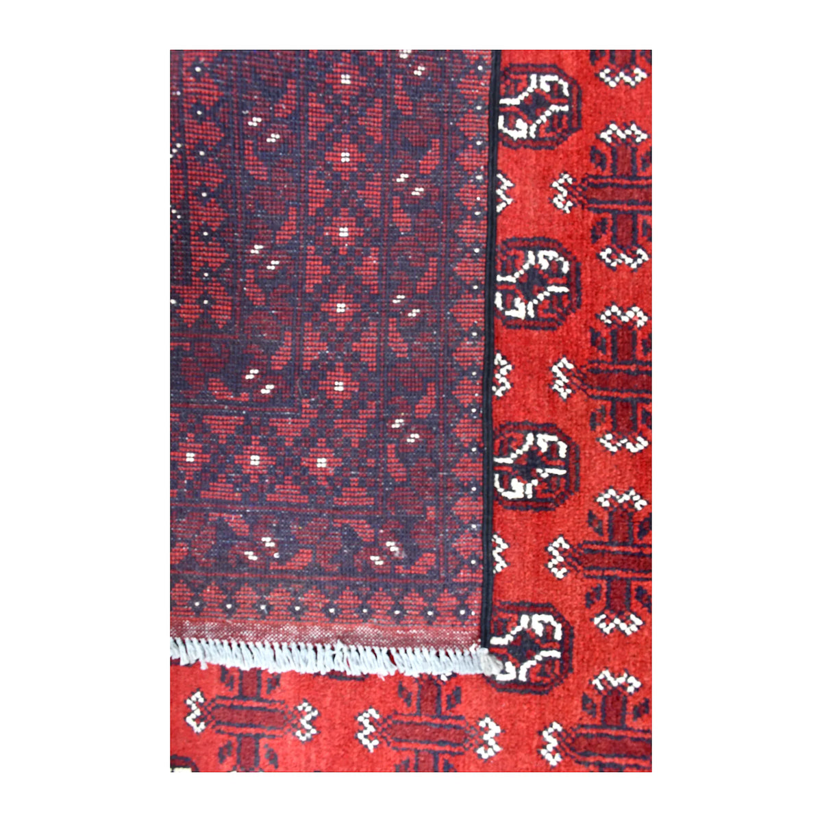 Folded-corner detail of Afghan Turkoman rug showing the patterned reverse beside its red front and white fringe