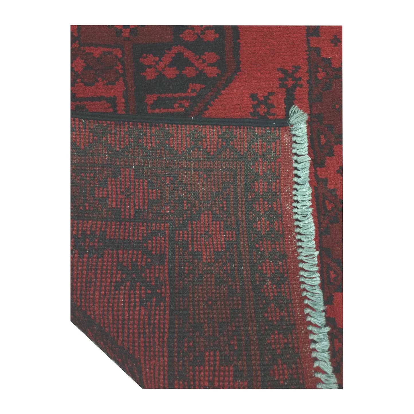 Reverse-weave and fringe detail of Afghan Turkoman wool runner rug showing back structure and hand-knotted pattern