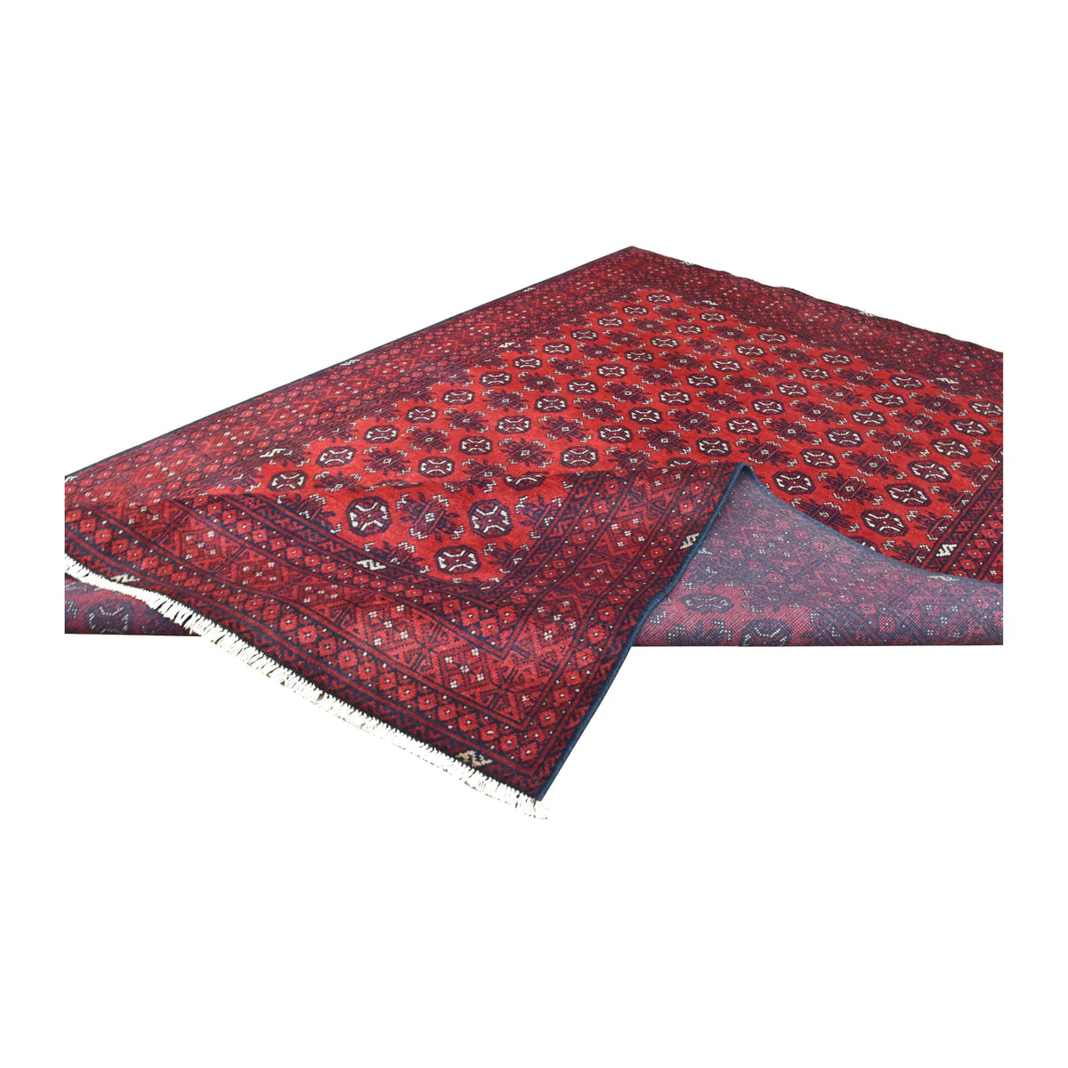Folded view of the Afghan Turkoman rug showing its red patterned front, dark border and exposed reverse