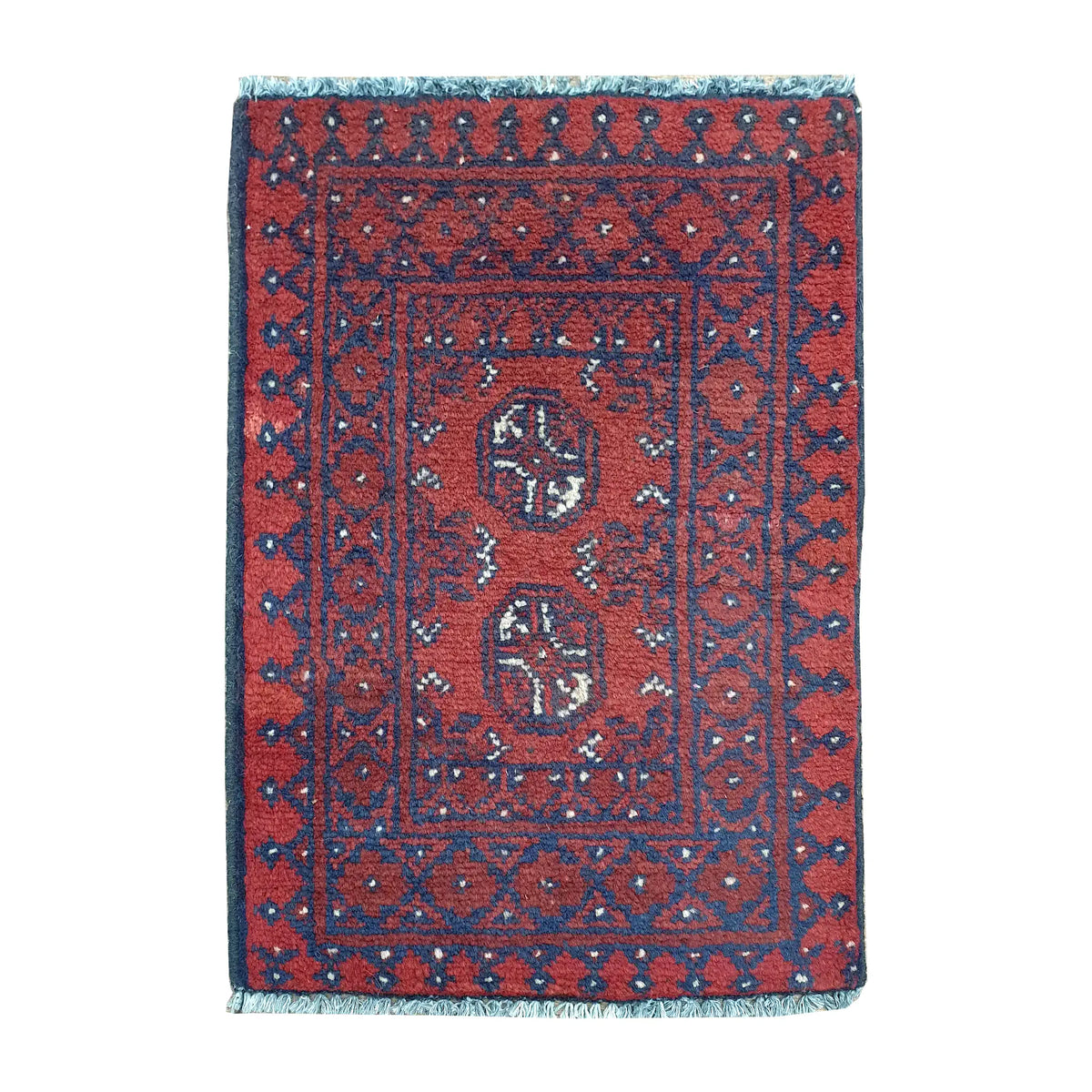 Afghan Turkoman red wool rug 66 x 48 cm full view with twin octagonal gul medallions and layered tribal border