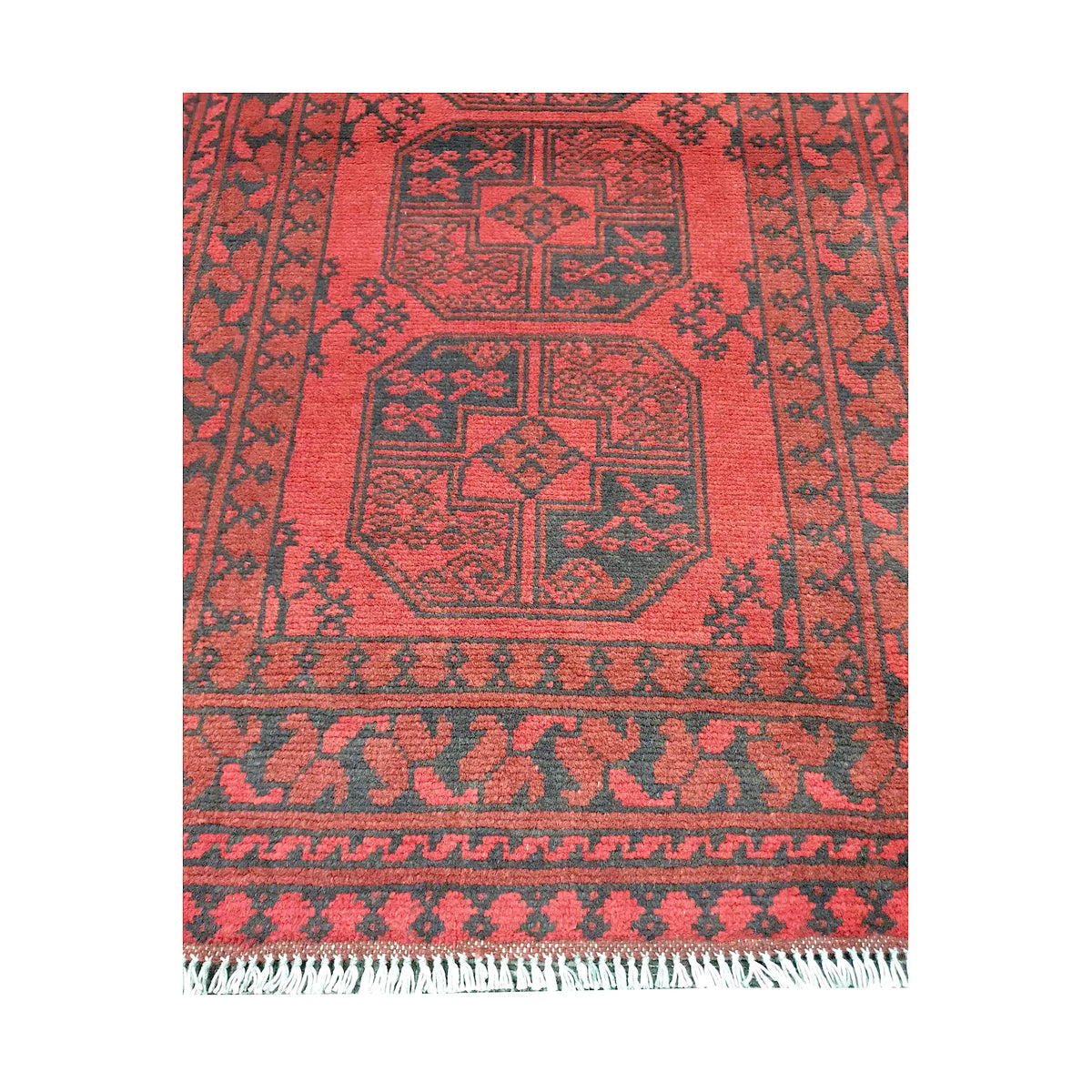 End field and fringe detail of Afghan Turkoman rug with red field, triple gul motifs and dark tribal border