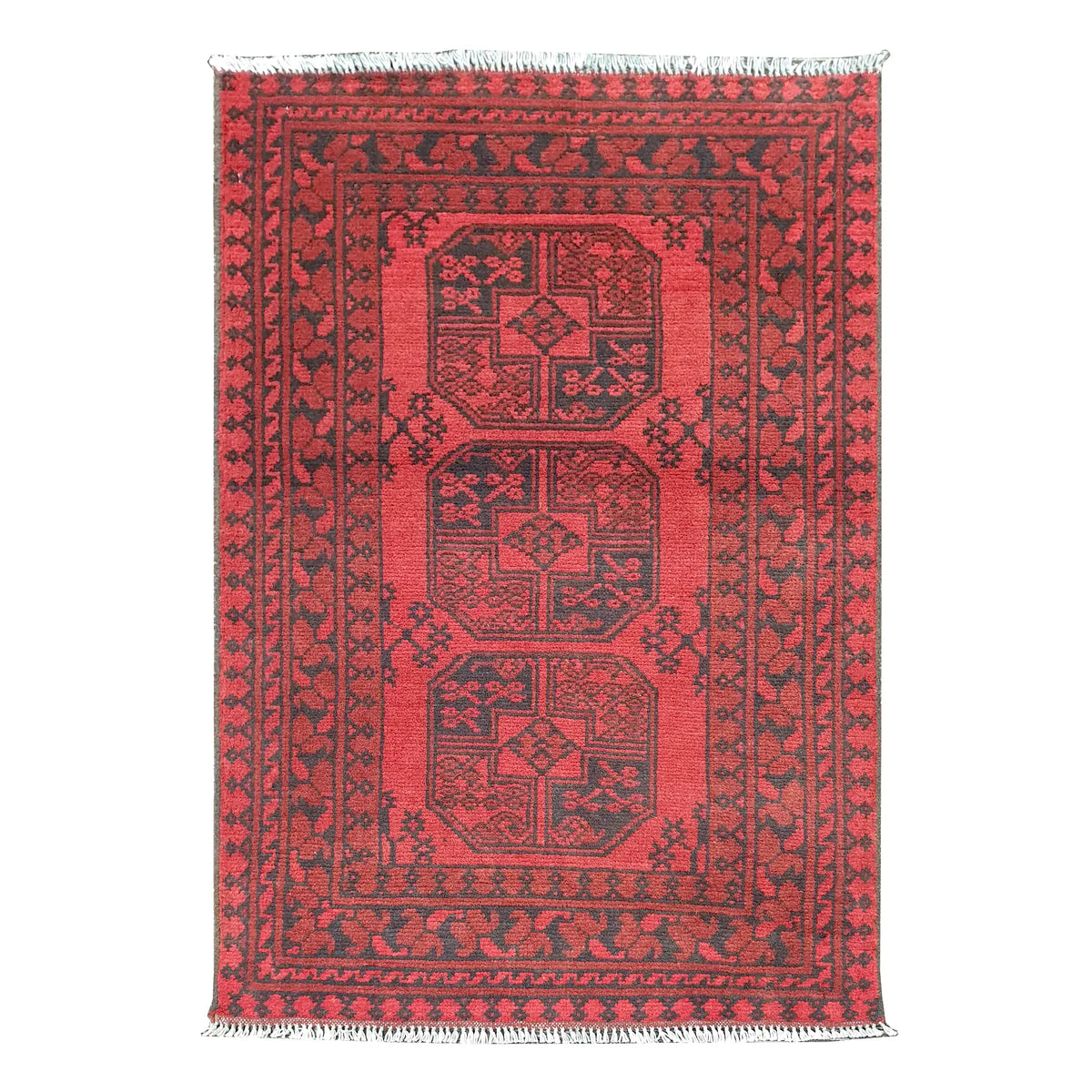 Afghan Turkoman rug 116 x 71 cm full view with red field, dark border and three gul medallions