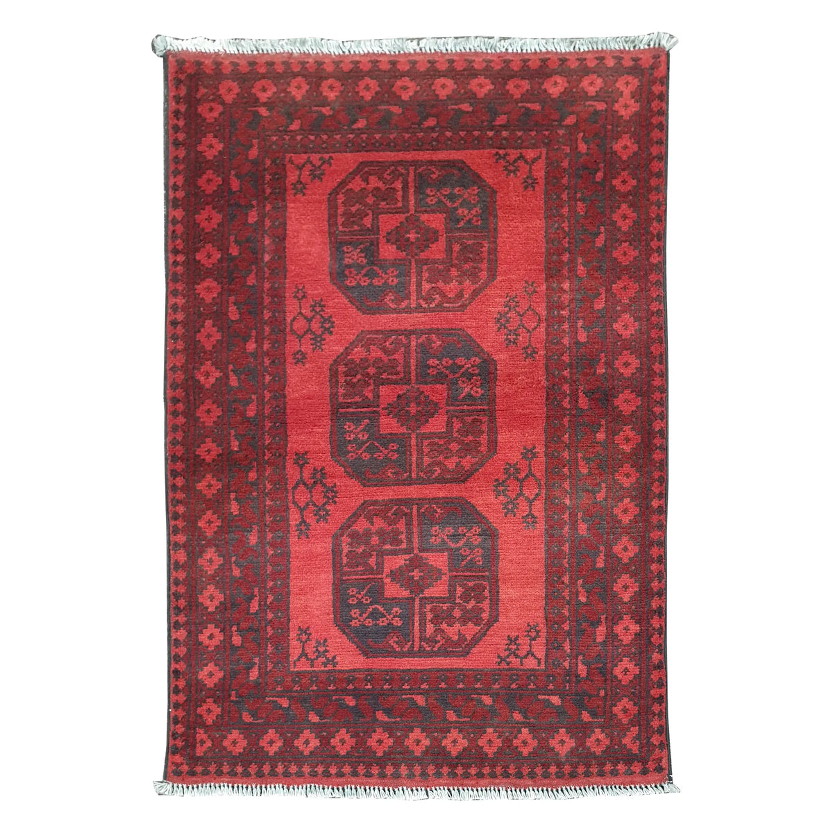 Afghan Turkoman rug 120 x 80 cm full view with red field, dark border and three charcoal gul medallions