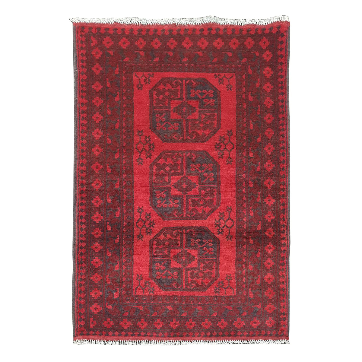 Afghan Turkoman rug 120 x 82 cm full view with red field, dark border and three gul motifs
