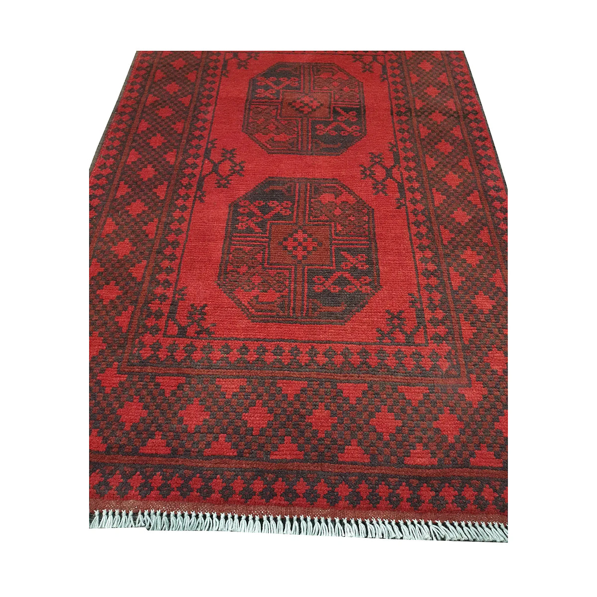 End field and fringe detail of Afghan Turkoman rug with red field, gul motifs and charcoal tribal border