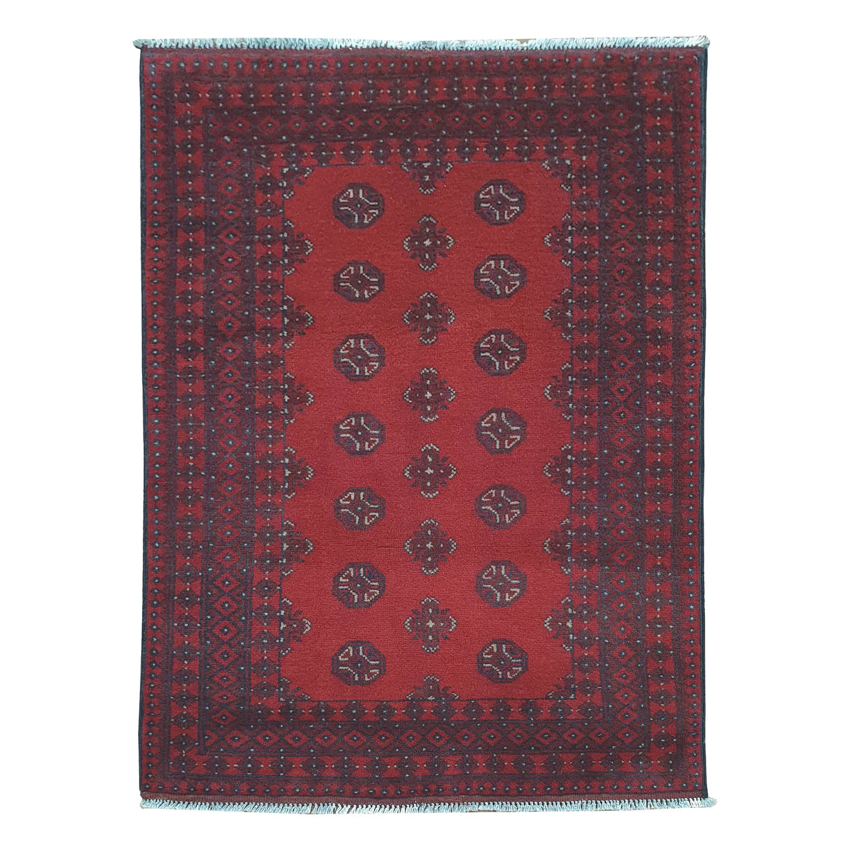 Afghan Turkoman rug 145 x 100 cm full view with open red field, dark border and repeated gul medallions