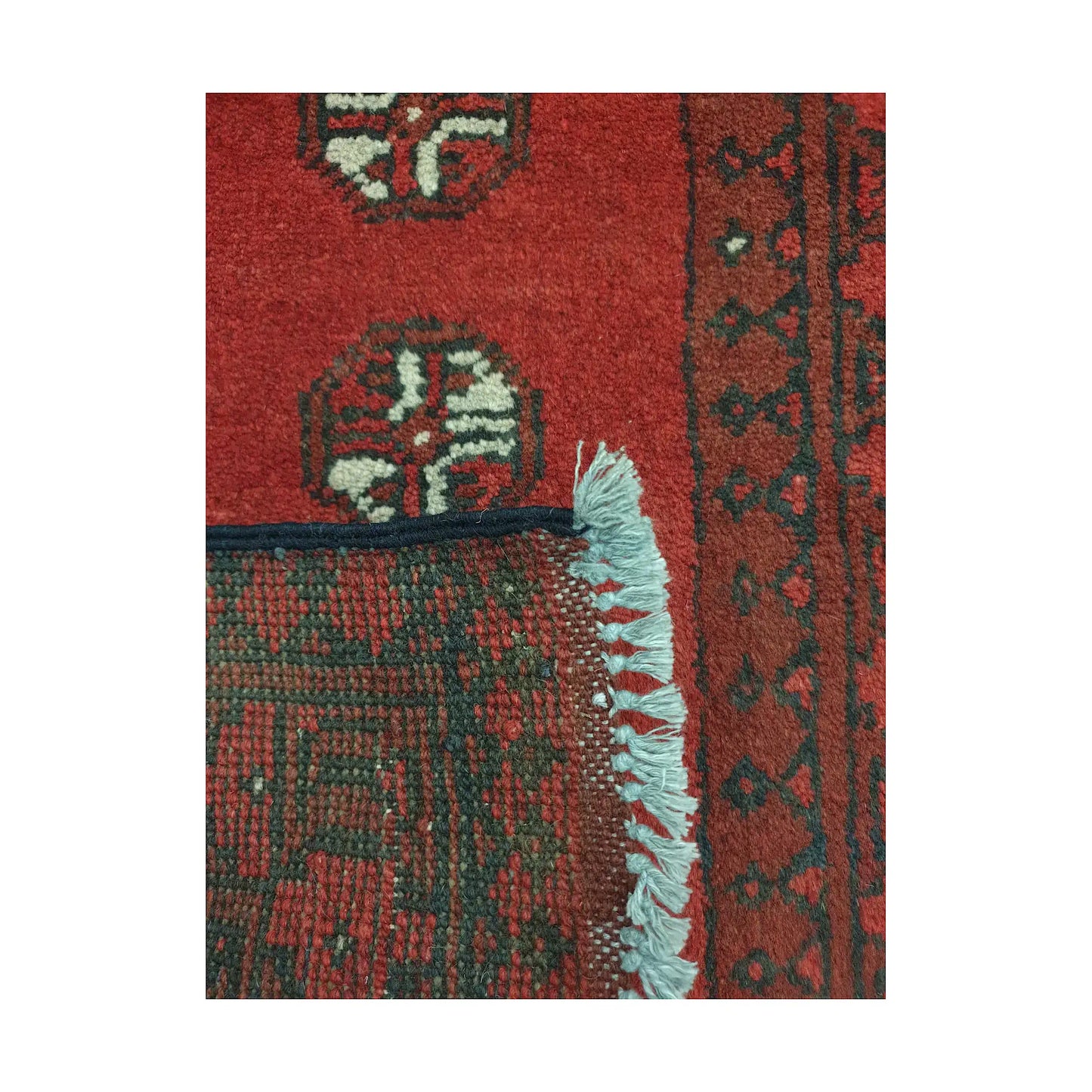 Folded corner detail of Afghan Turkoman wool rug showing the back, fringe and red patterned surface
