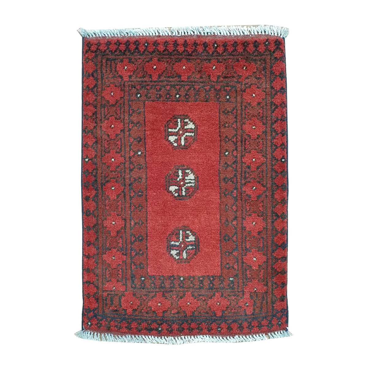 Afghan Turkoman wool rug 70 x 52 cm full view with open red field, three quartered guls and broad tribal borders
