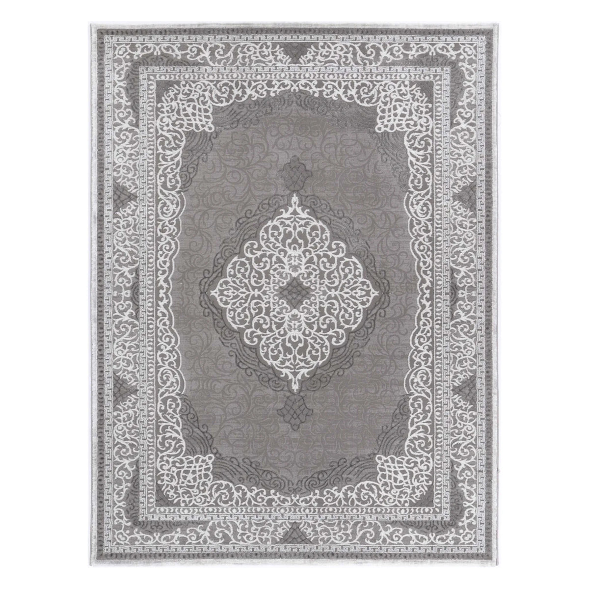Full view of Antalya grey modern classic designer rug with centre medallion and ornamental border