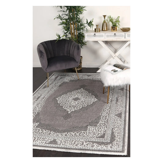 Antalya grey modern classic designer rug styled in a neutral interior setting