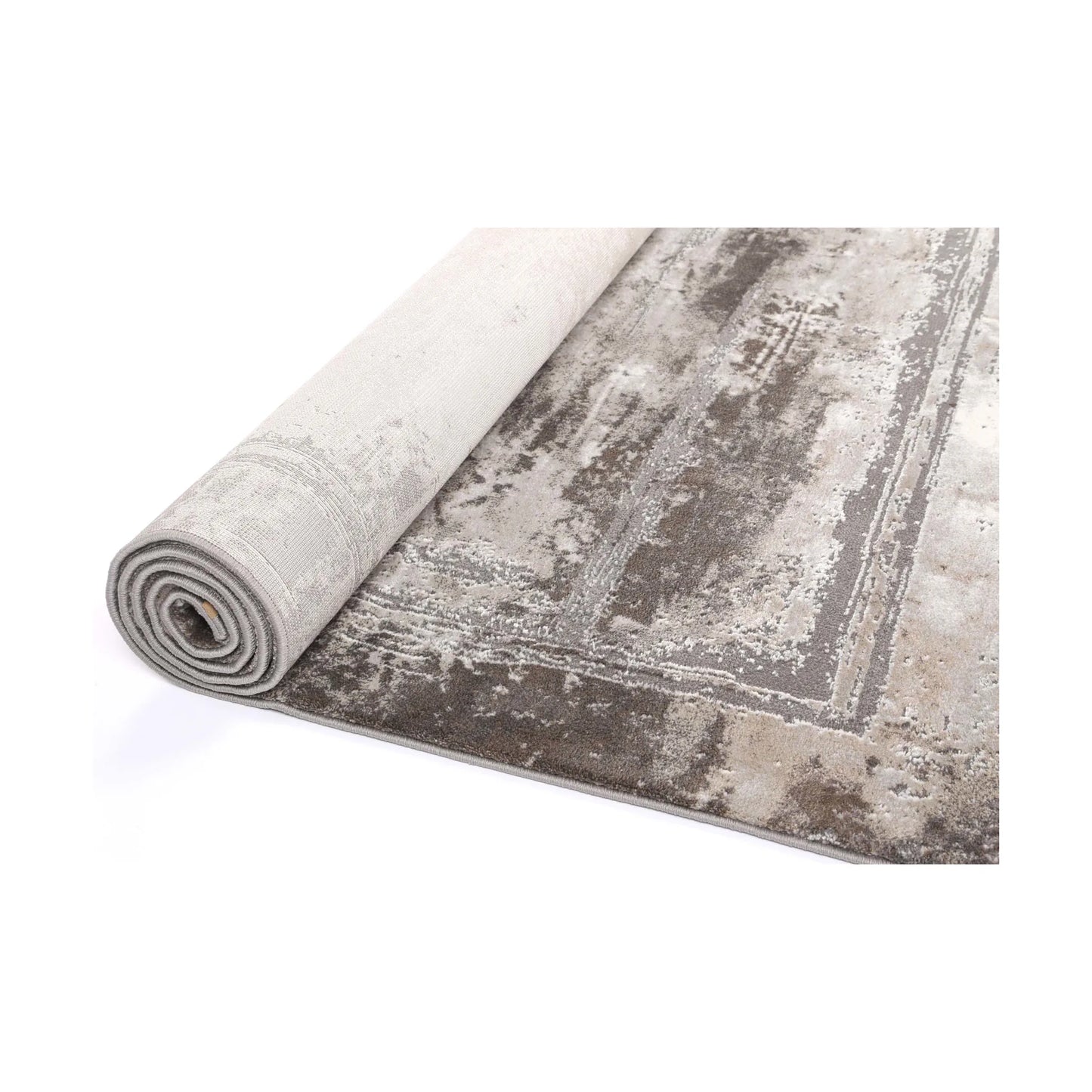 Rolled edge detail of Antep 23314 975 Grey White modern rug showing backing, binding and patterned polypropylene pile, 230 x 160 cm