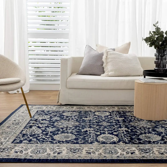 Arya Ziegler navy rug in living room setting