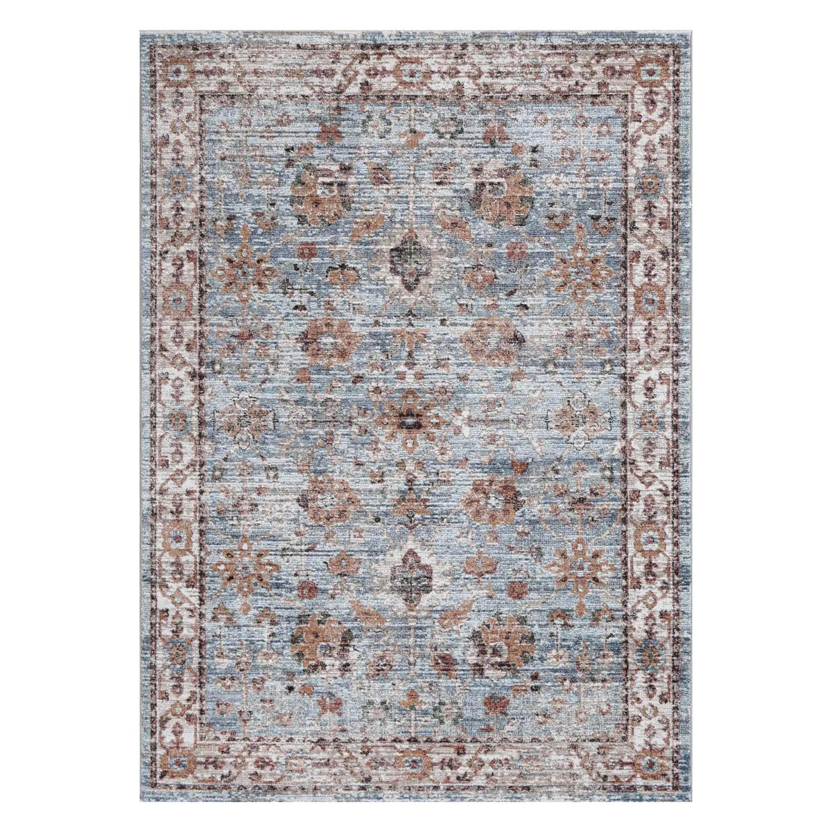 Full view of Baltimore Virginia medallion transitional ash rug with faded blue and rust accents