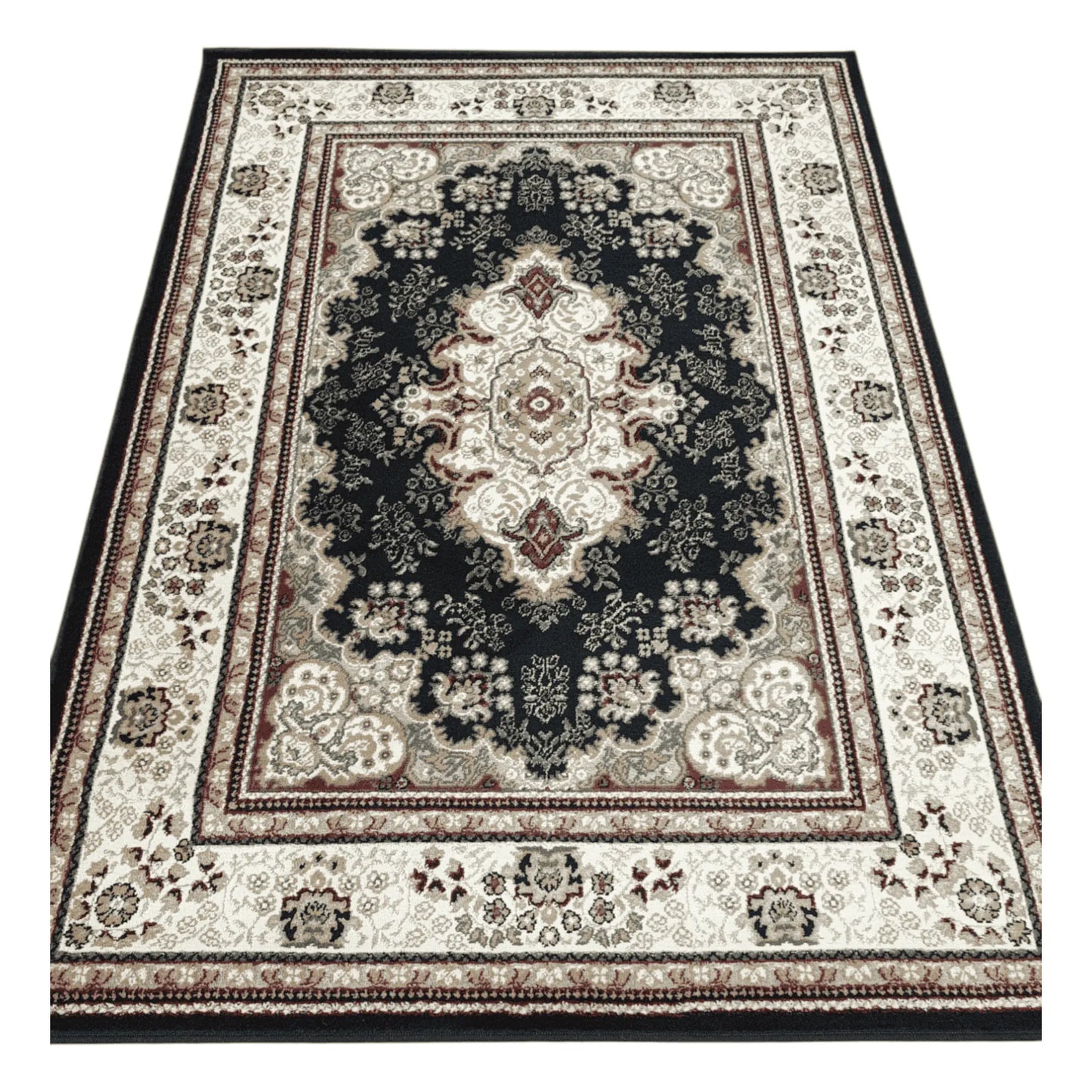 Full view of Classica Traditional machine-made rug with black field, ornate medallion and cream floral border, 170 x 120 cm