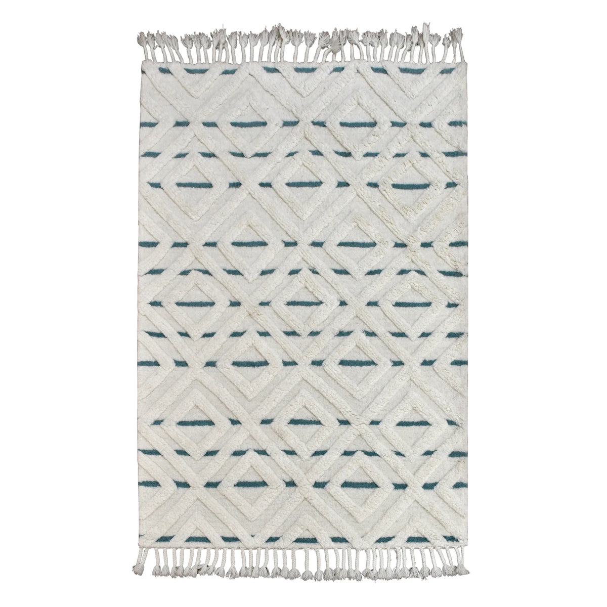 Full view of cream and blue geometric hand-tufted wool rug with raised diamond lattice, 230 x 160 cm