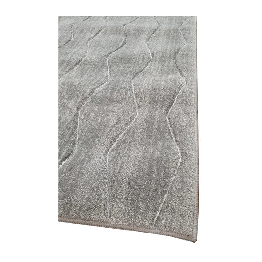 Edge detail of Denver Grey Abstract Runner Rug showing textured grey surface and abstract charcoal linework