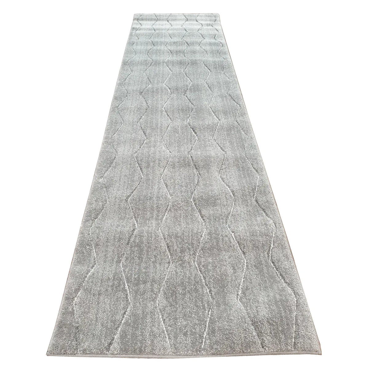 Denver Grey Abstract Runner Rug 300 x 80 cm full view with grey ground and charcoal wavy line pattern