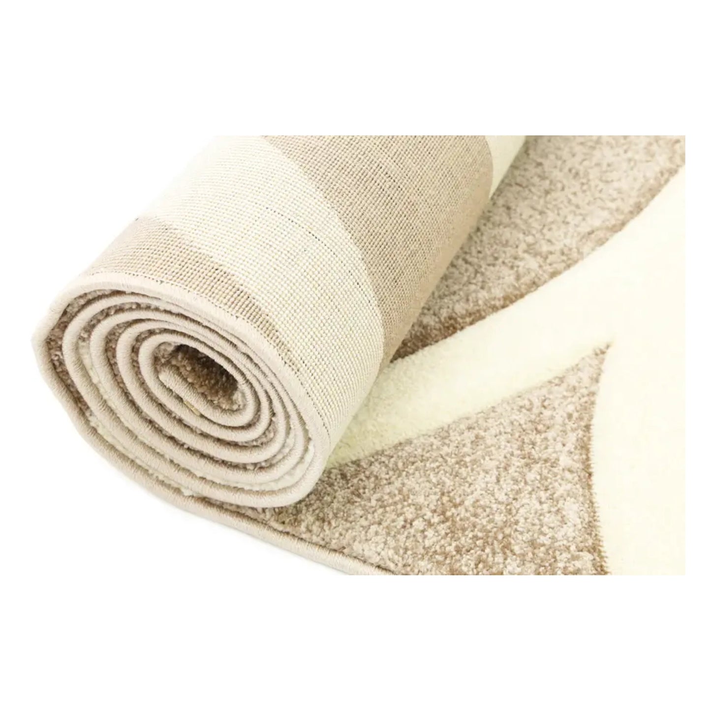 Rolled view of Diamond beige swirl rug showing surface pattern and backing