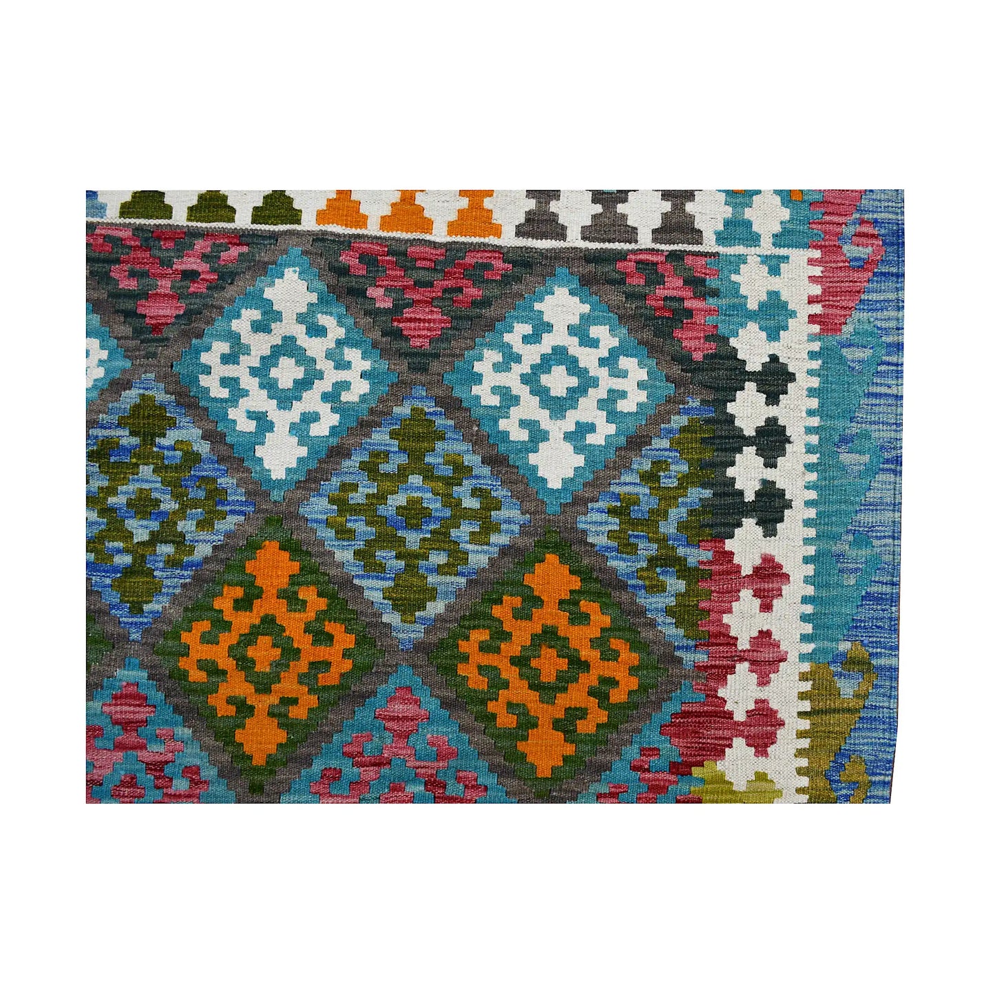 Corner field detail of Fine Afghan Chobi Kilim rug with diamond motifs, border detail and flatwoven texture