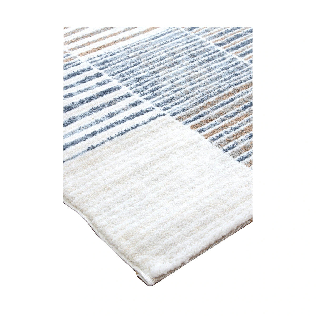 Corner detail of Grace GRAC003 Blue Grey contemporary rug showing bound edge, cream field and blue grey pattern, 230 x 160 cm