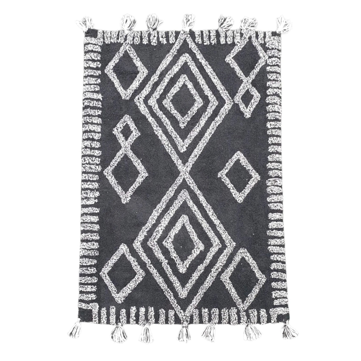 Full view of Indian cotton black diamond rug 120 x 80 cm with ivory geometric pattern