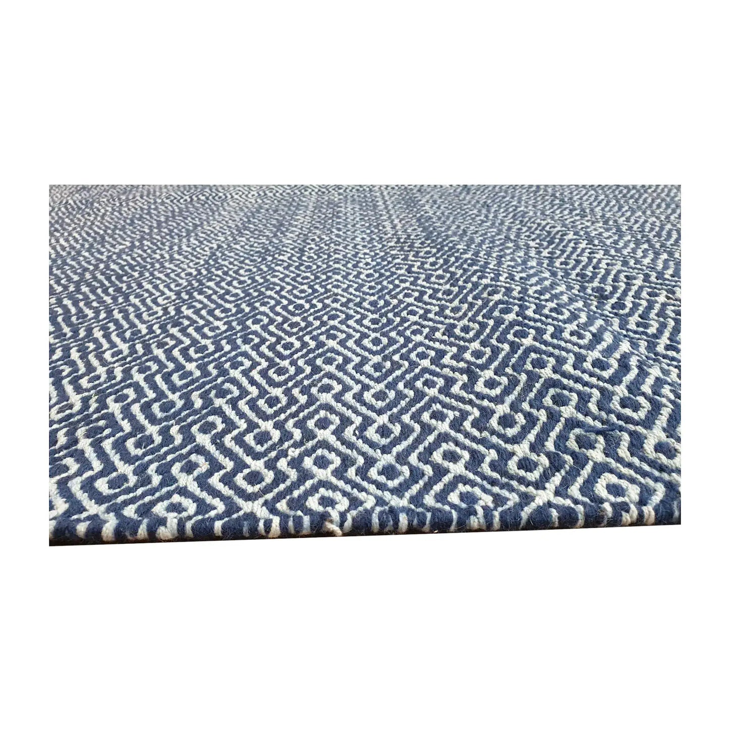 Low-angle close-up of Indian Dhurrie rug with blue geometric weave and flatweave texture, 230 x 160 cm