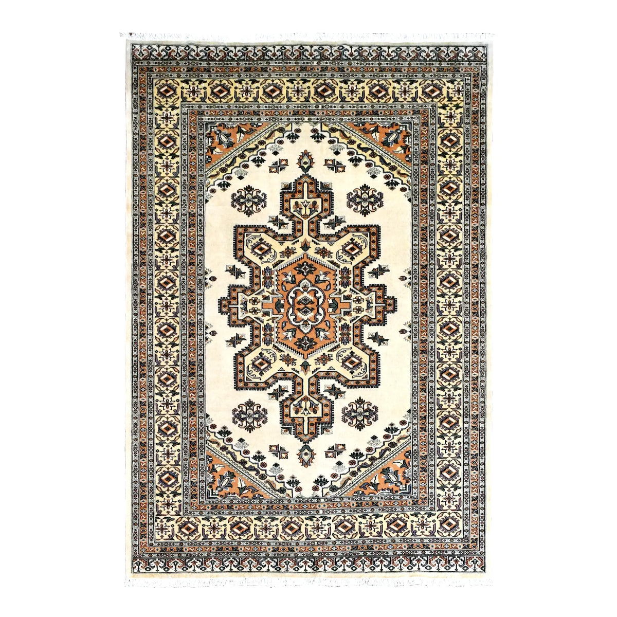 Full view of Jaldar hand-knotted wool rug with warm beige field, stepped geometric medallion and layered borders, 268 x 186 cm