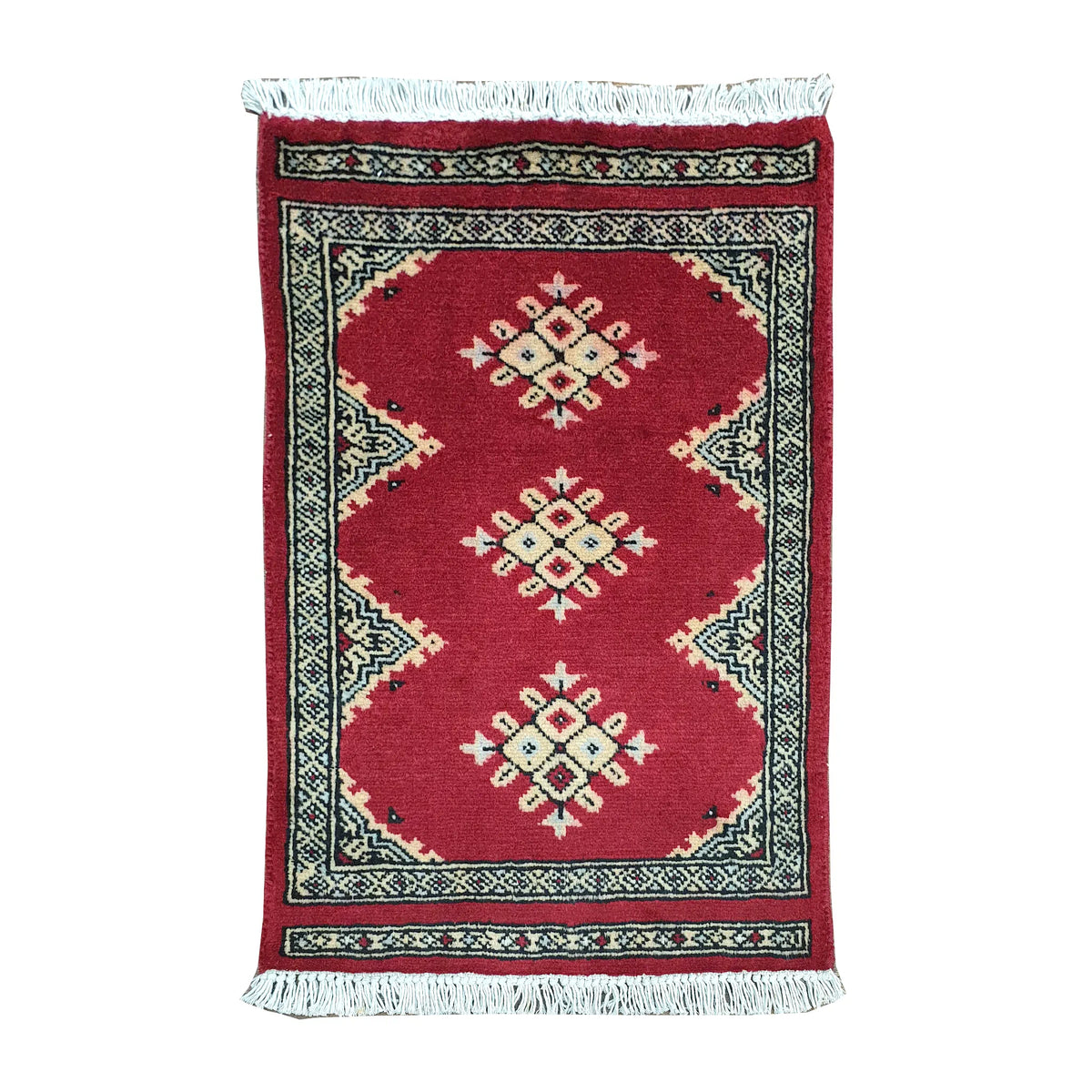 Jaldar wool rug 65 x 46 cm full view with red field, ivory diamond motifs and fringe