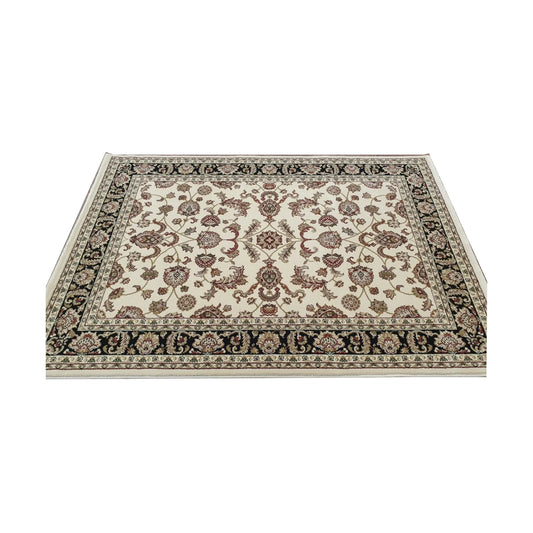 Styled room view of Julian Traditional Rug with cream field, dark border and classic floral design