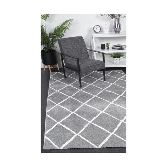 Kimberley 1 Trellis Grey Rug styled in a contemporary home office setting
