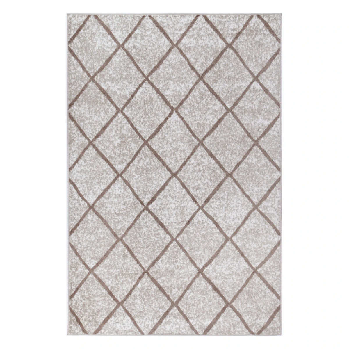Full view of Kimberley 1 Trellis Latte rug with warm neutral field and diamond lattice pattern, 230 x 160 cm