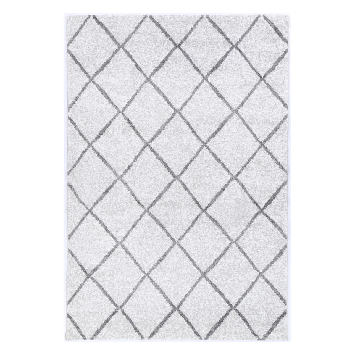 Full view of Kimberley 1 Trellis Silver machine-made rug with grey diamond lattice pattern, 290 x 200 cm