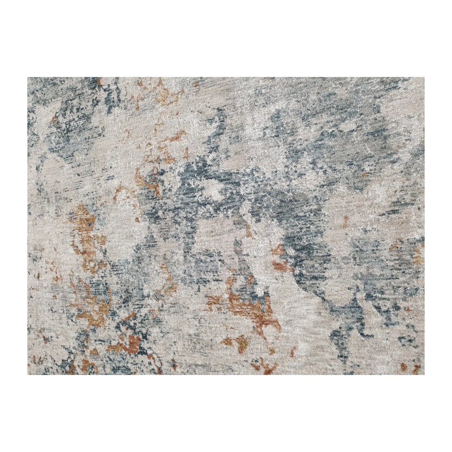 Close-up of light gray round rug with blue and warm-toned abstract pattern detail, 160 cm
