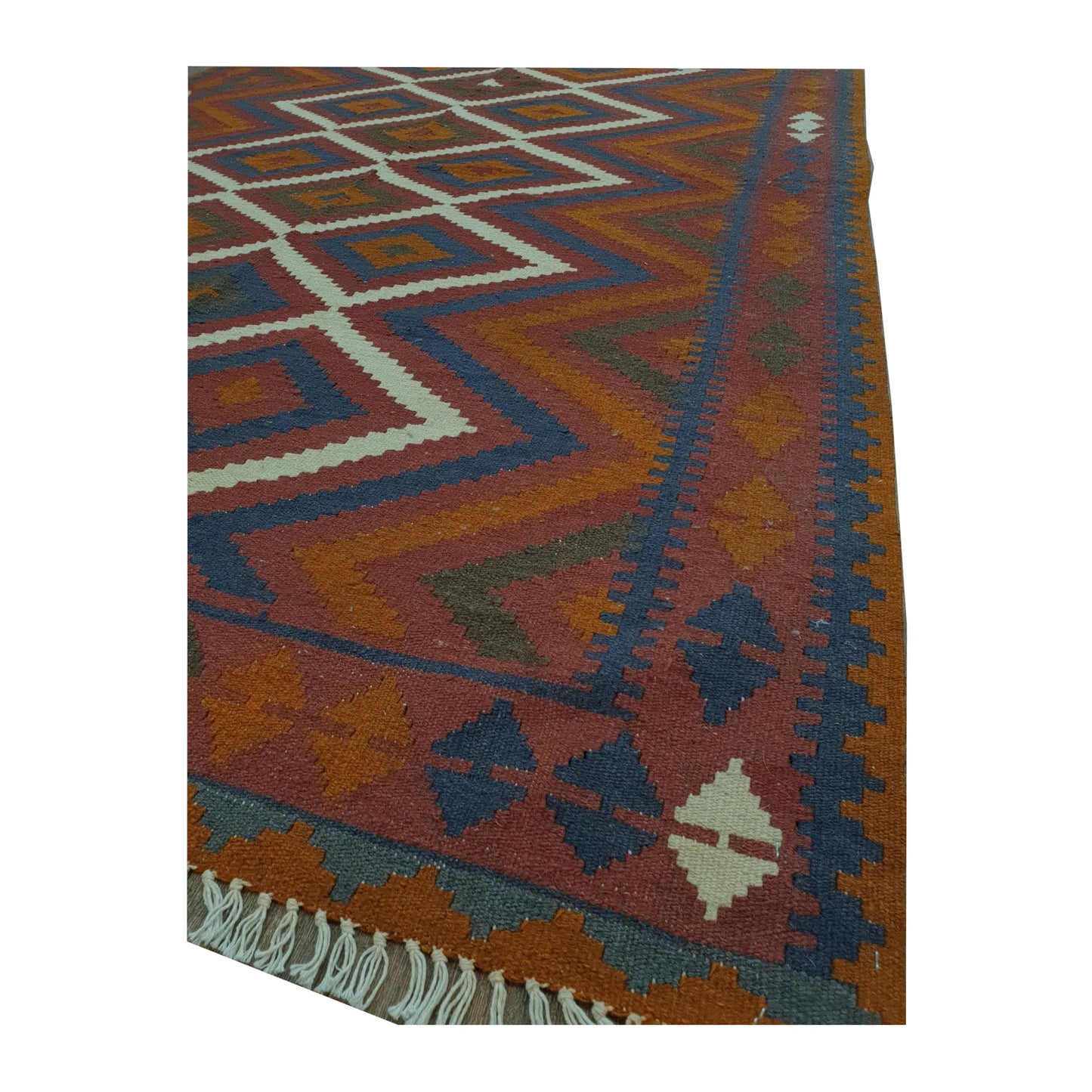 Corner border and fringe detail of Mamina Kilim wool rug with navy border, maroon field and ivory accents, 239 x 169 cm