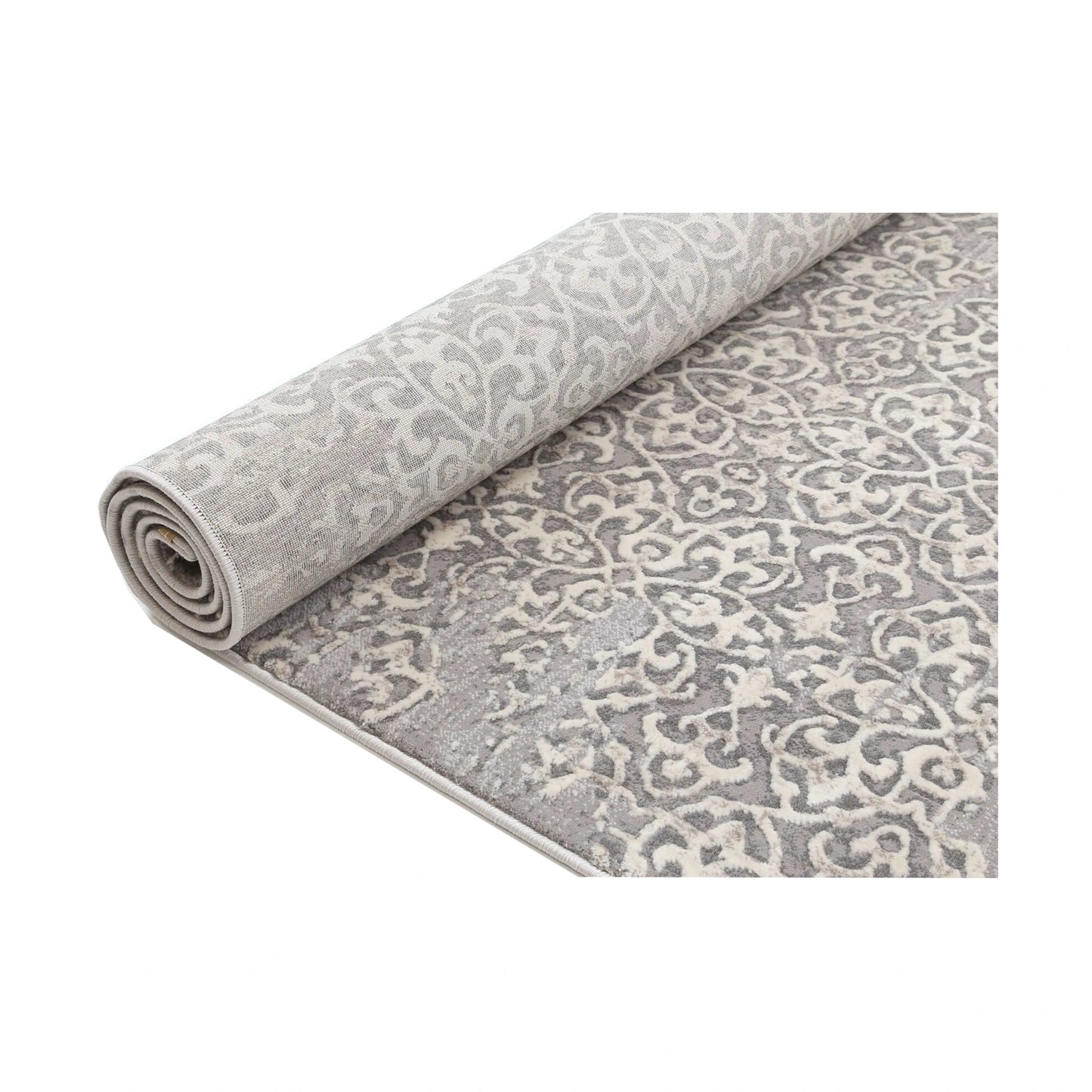 Rolled view of Modern Antalya Grey Designer Rug showing grey-white patterned surface