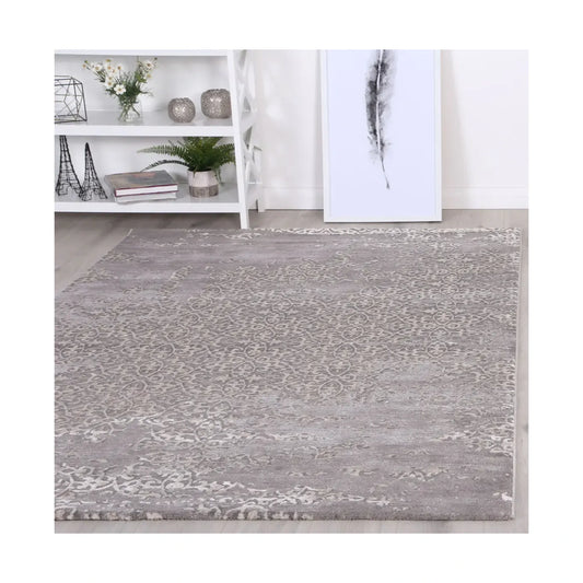 Modern Antalya Grey Designer Rug styled in a light contemporary room setting