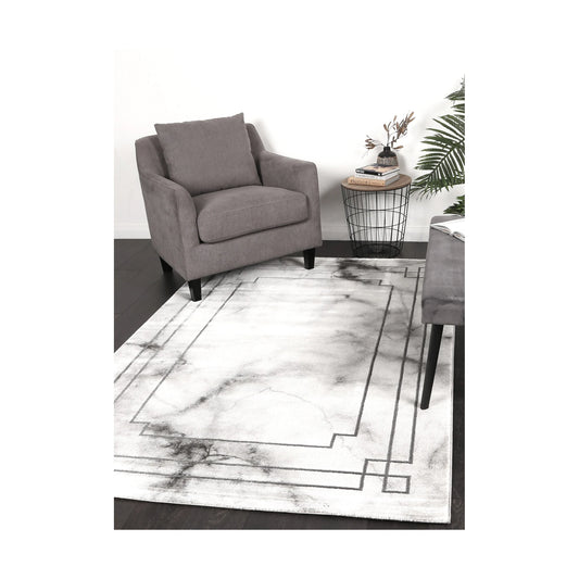 Modern Antep Grey Designer Rug styled in a contemporary lounge setting